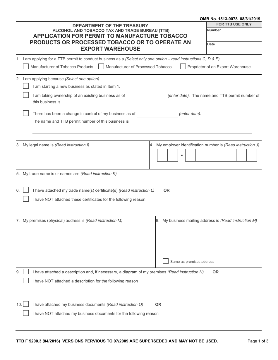 TTB Form 5200.3 Application for Permit to Manufacture Tobacco Products or Processed Tobacco or to Operate an Export Warehouse, Page 1