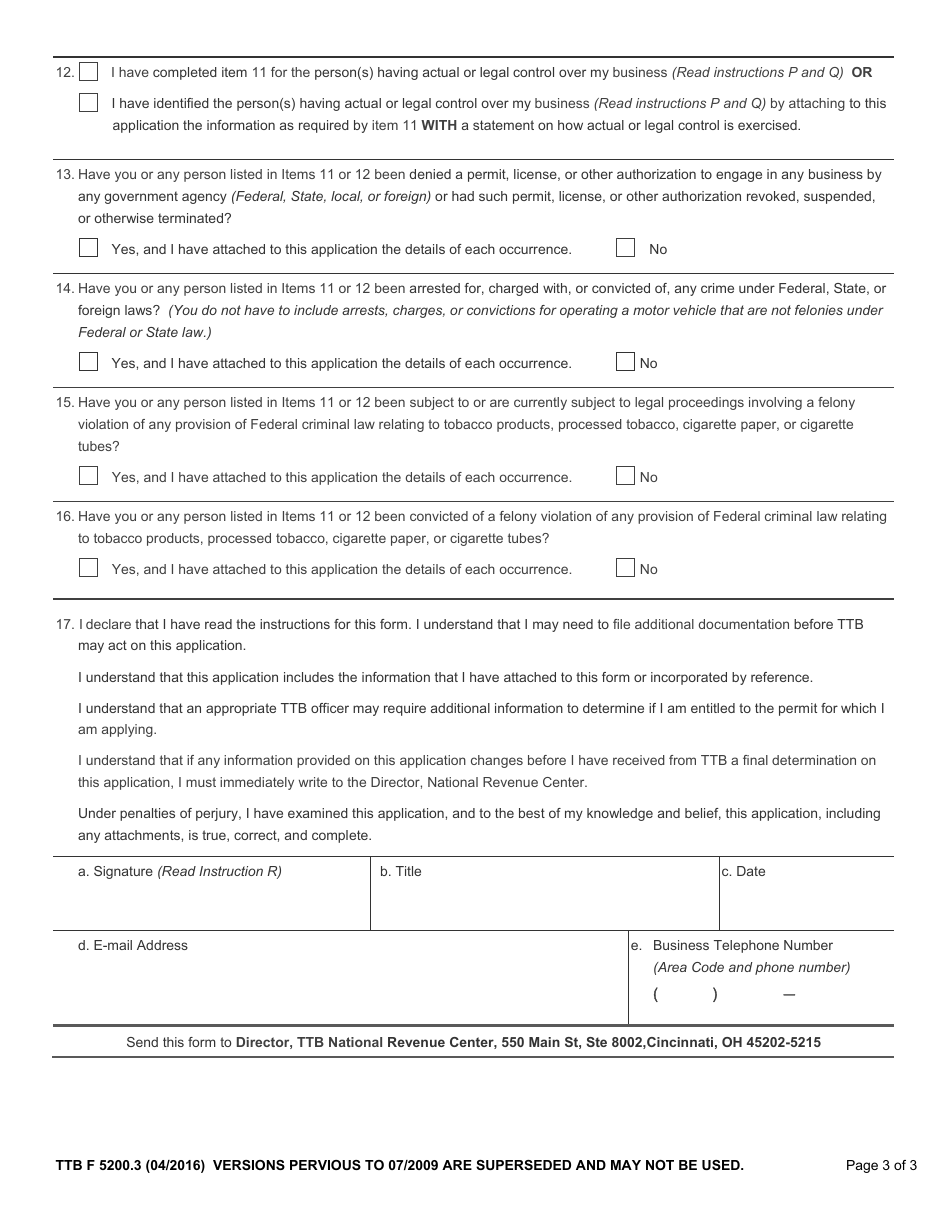 TTB Form 5200.3 Application for Permit to Manufacture Tobacco Products or Processed Tobacco or to Operate an Export Warehouse, Page 3