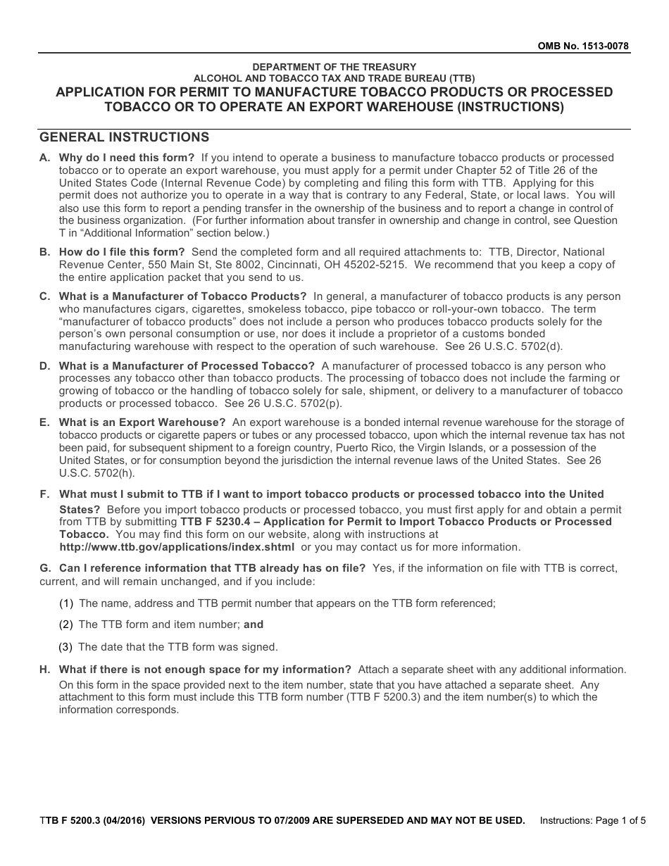 TTB Form 5200.3 Application for Permit to Manufacture Tobacco Products or Processed Tobacco or to Operate an Export Warehouse, Page 4