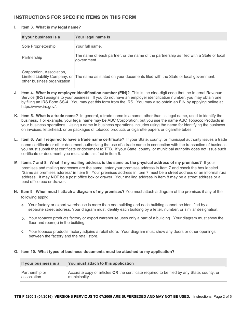 TTB Form 5200.3 Application for Permit to Manufacture Tobacco Products or Processed Tobacco or to Operate an Export Warehouse, Page 5