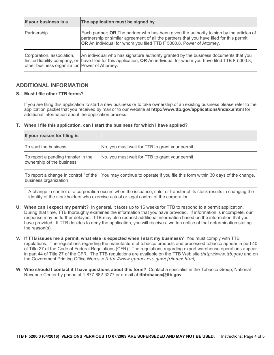 TTB Form 5200.3 Application for Permit to Manufacture Tobacco Products or Processed Tobacco or to Operate an Export Warehouse, Page 7