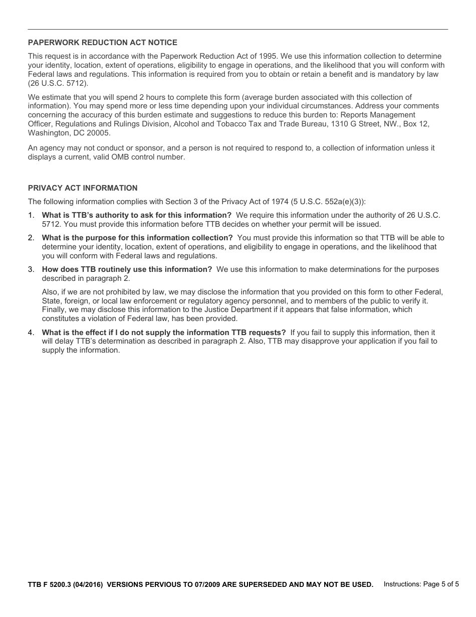 TTB Form 5200.3 Application for Permit to Manufacture Tobacco Products or Processed Tobacco or to Operate an Export Warehouse, Page 8