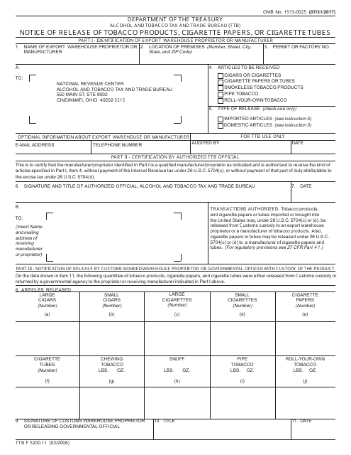 TTB Form 5200.11 Notice of Release of Tobacco Products, Cigarette Papers, or Cigarette Tubes
