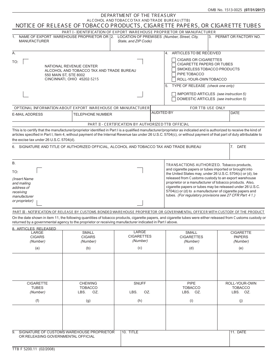 TTB Form 5200.11 Notice of Release of Tobacco Products, Cigarette Papers, or Cigarette Tubes, Page 1