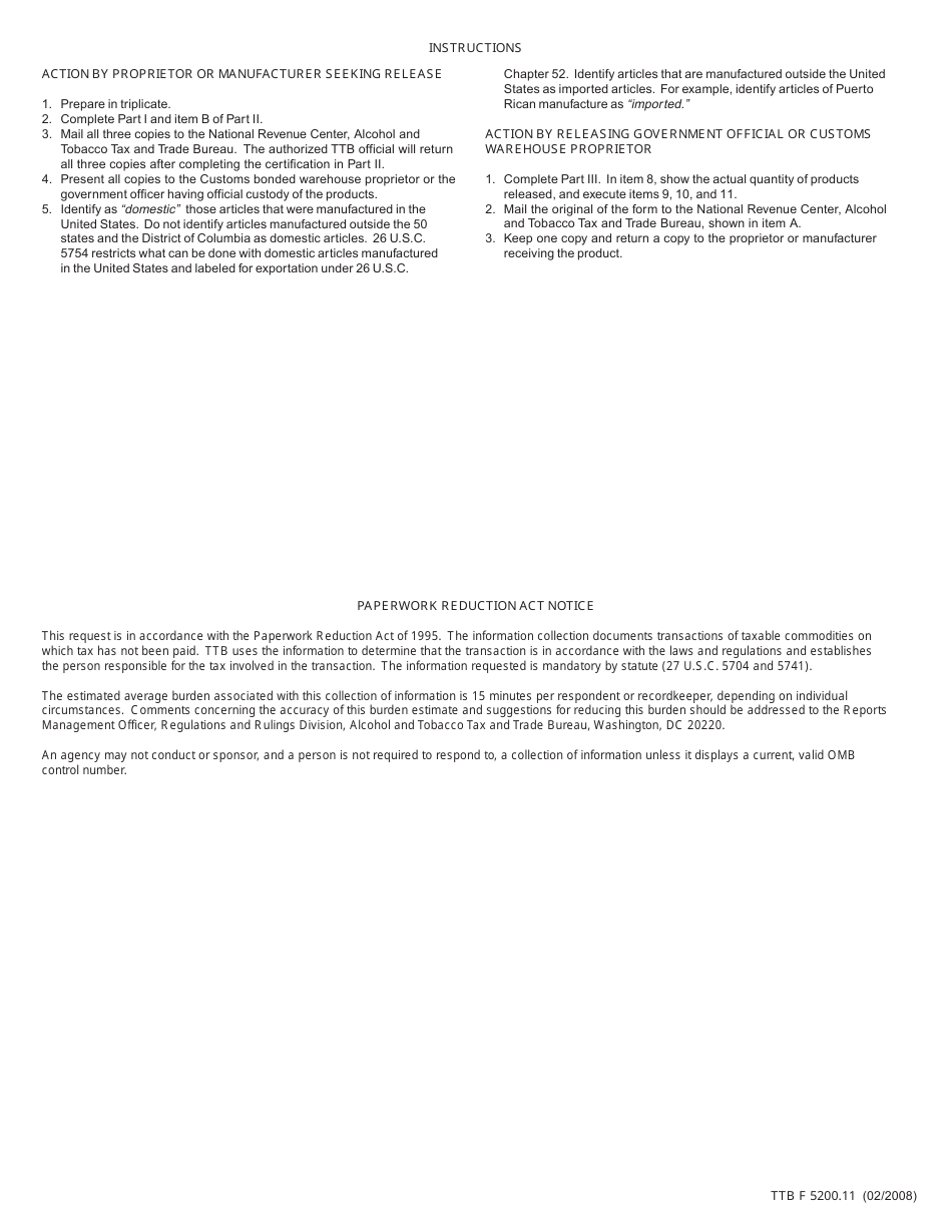 TTB Form 5200.11 Notice of Release of Tobacco Products, Cigarette Papers, or Cigarette Tubes, Page 2