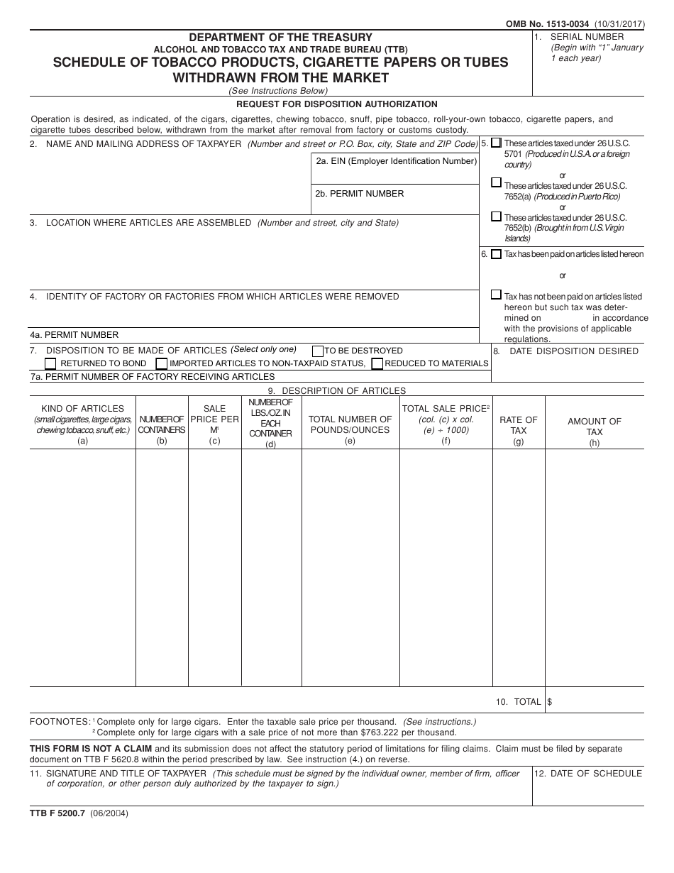 TTB Form 5200.7 Schedule of Tobacco Products, Cigarette Papers or Tubes Withdrawn From the Market, Page 1