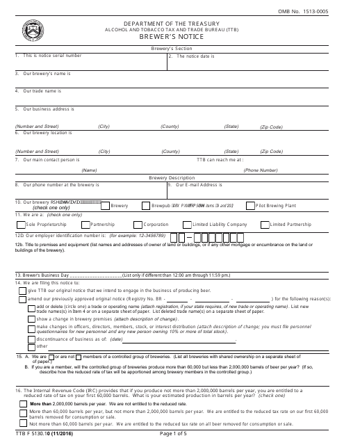 TTB Form 5130.10  Printable Pdf