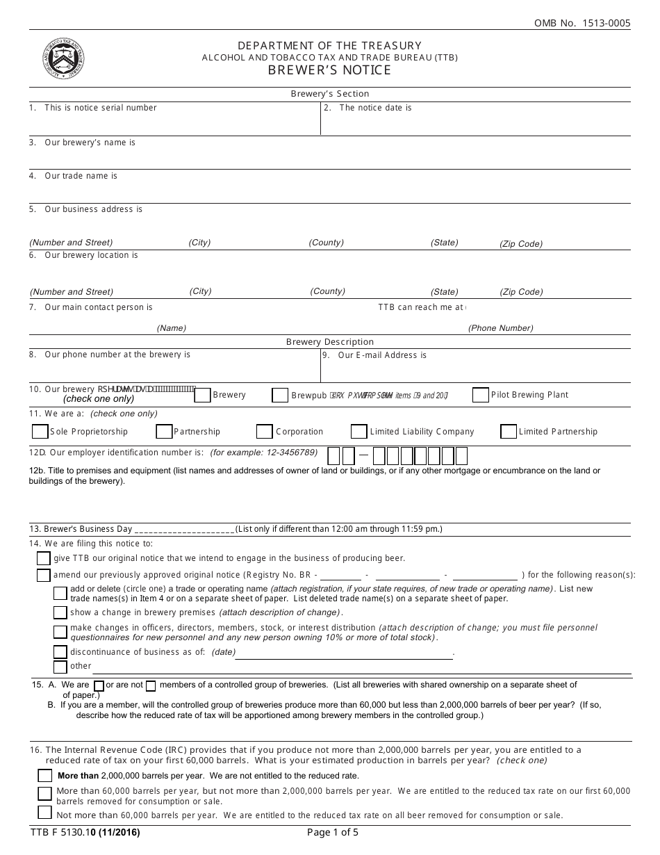 TTB Form 5130.10 Brewers Notice, Page 1