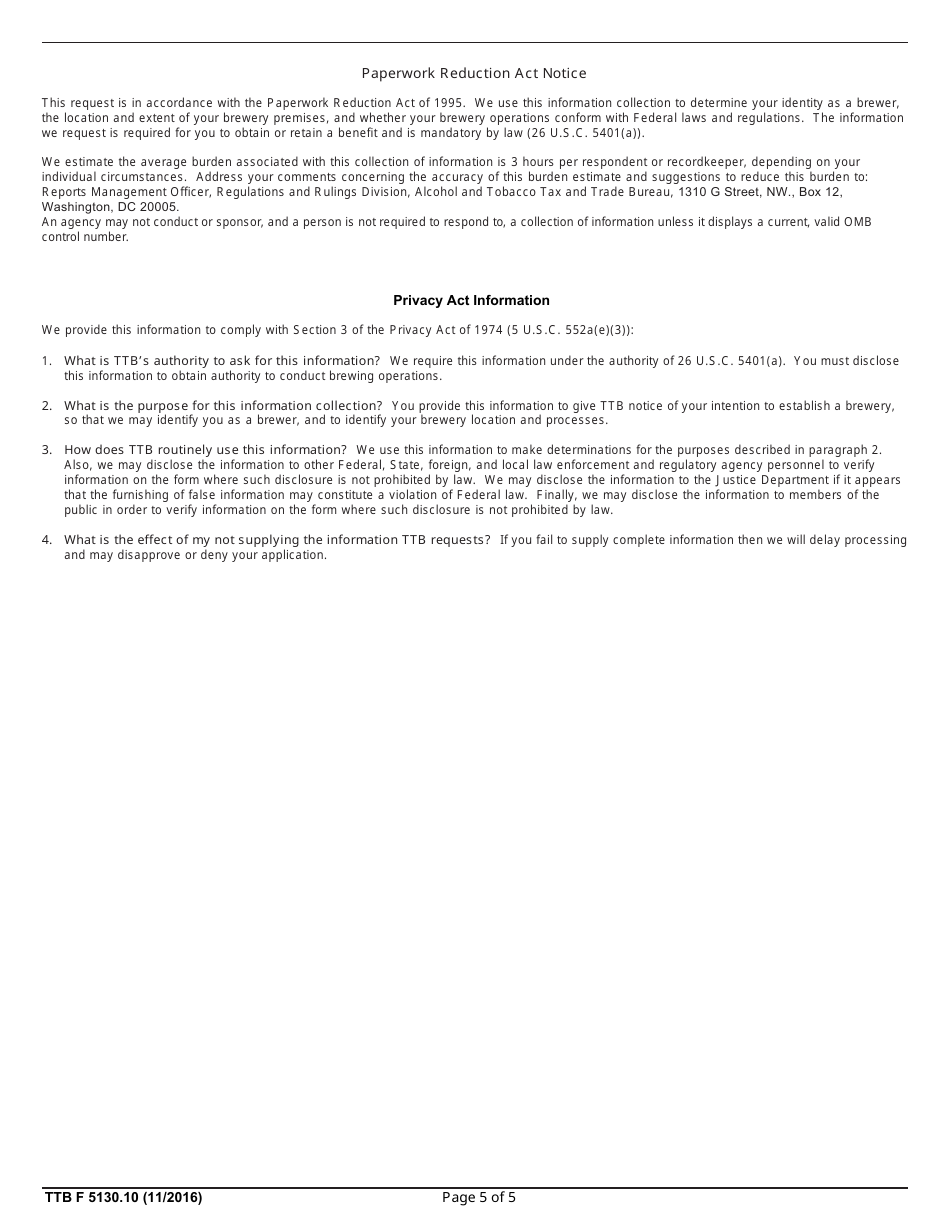 TTB Form 5130.10 Brewers Notice, Page 5
