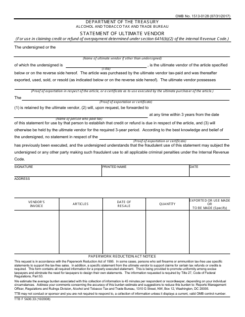 TTB Form 5600.33 Statement of Ultimate Vendor