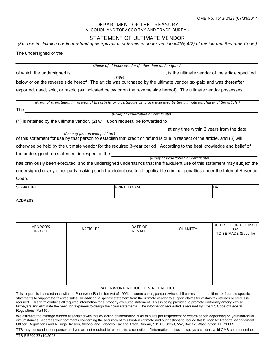 TTB Form 5600.33 Statement of Ultimate Vendor, Page 1