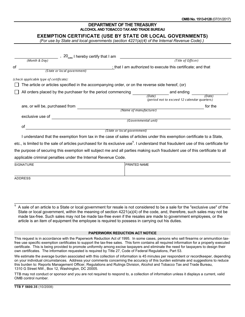 TTB Form 5600.35 Exemption Certificate (Use by State or Local Governments), Page 1