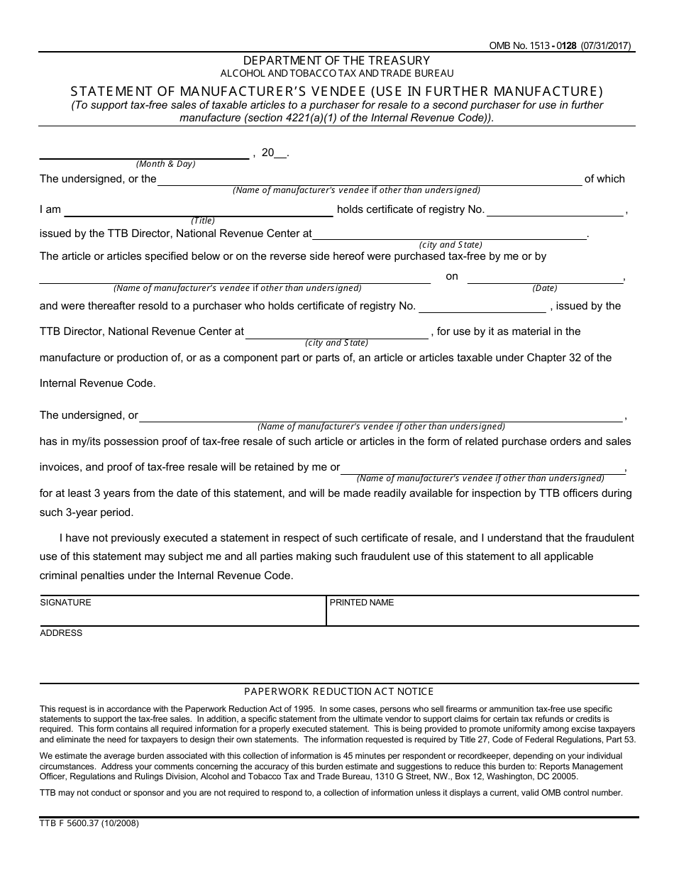 TTB Form 5600.37 - Fill Out, Sign Online and Download Fillable PDF ...