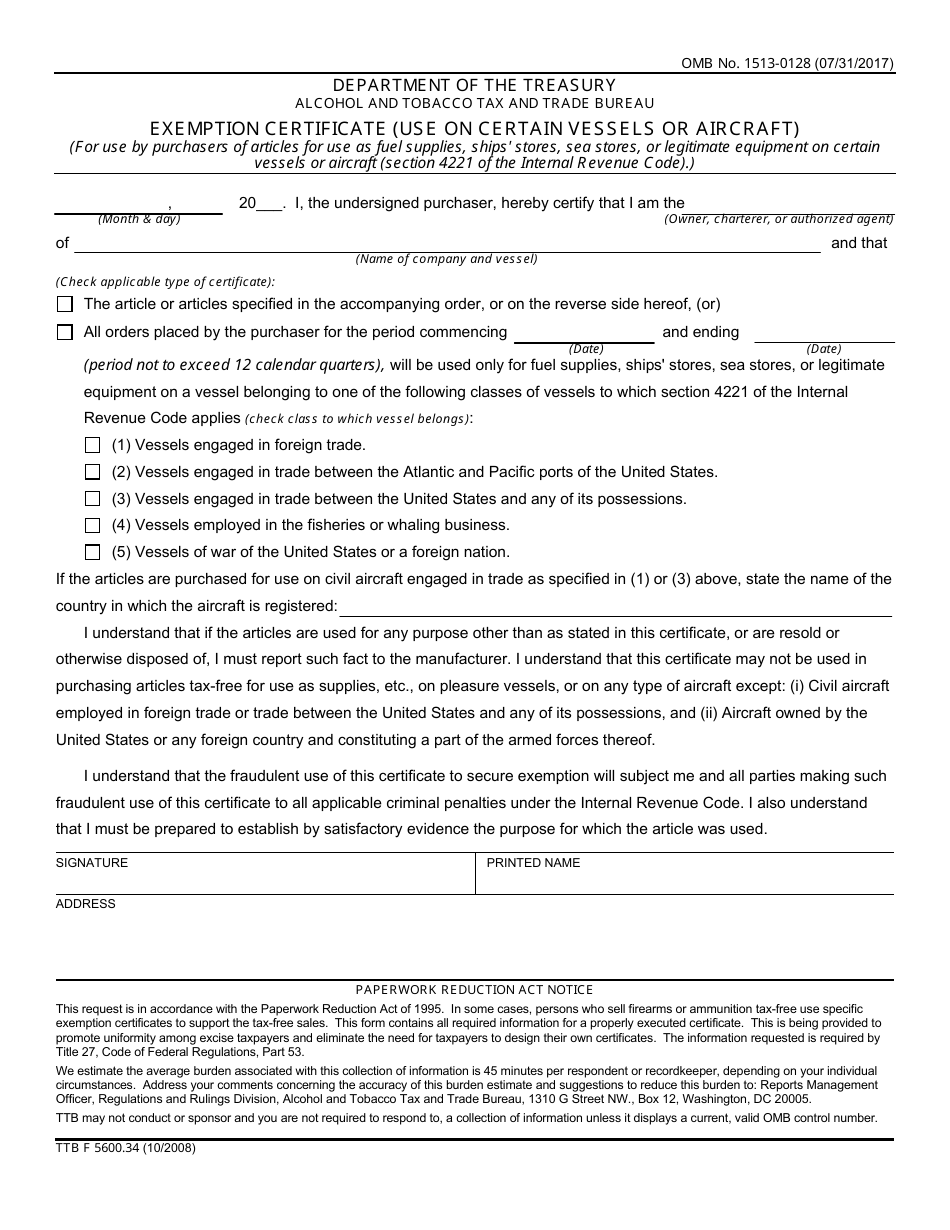 TTB Form 5600.34 Exemption Certificate (Use on Certain Vessels or Aircraft), Page 1