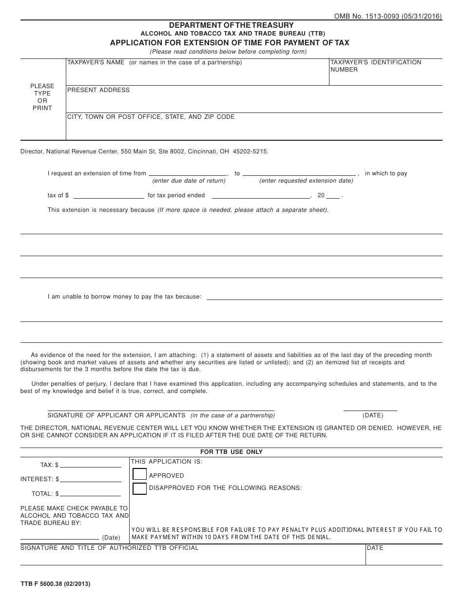 TTB Form 5600.38 Application for Extension of Time for Payment of Tax, Page 1