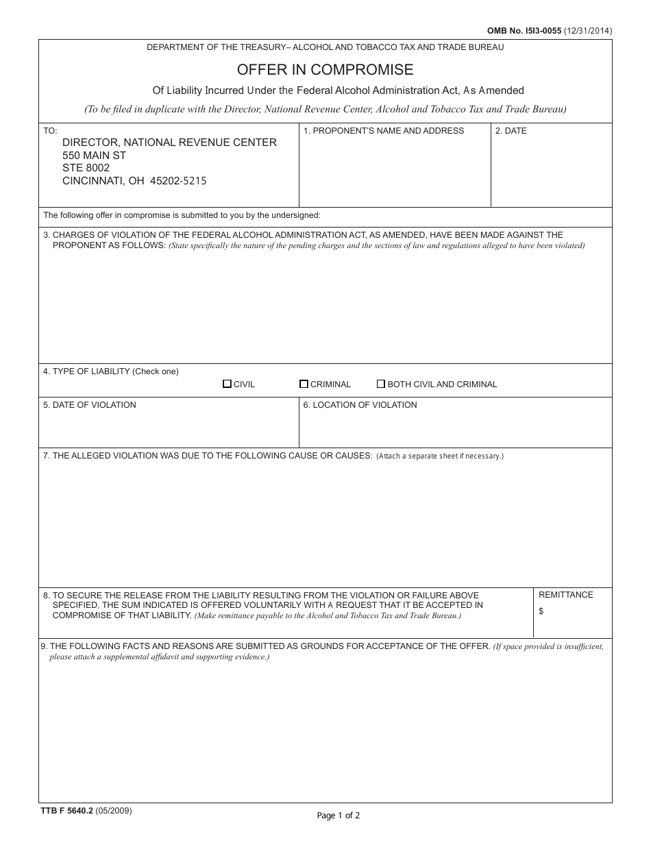 TTB Form 5640.2 Offer in Compromise for Federal Alcohol Administration Act (FAA Act) Violations, Page 1