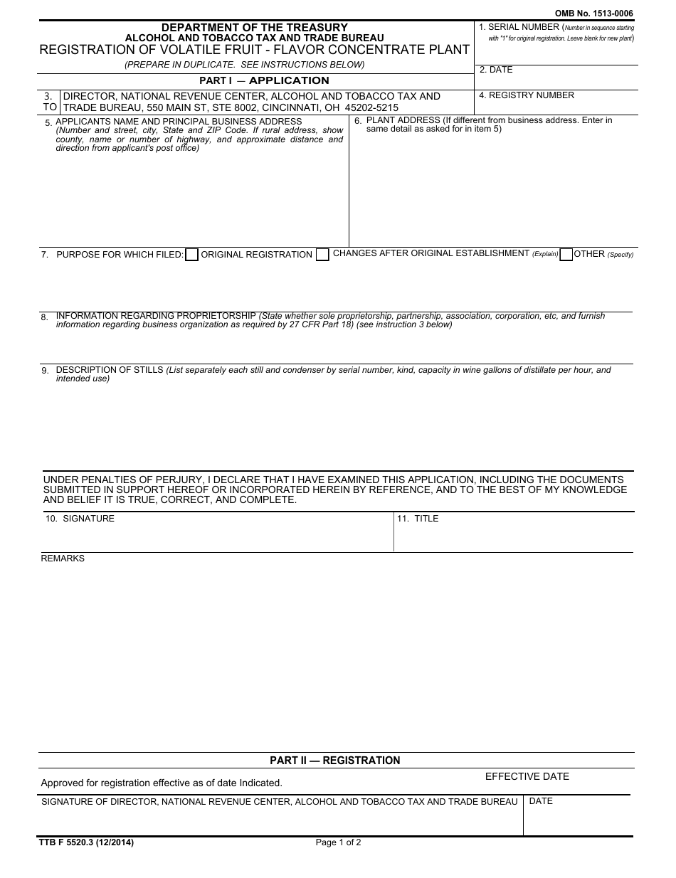 TTB Form 5520.3 Registration of Volatile Fruit - Flavor Concentrate Plant, Page 1