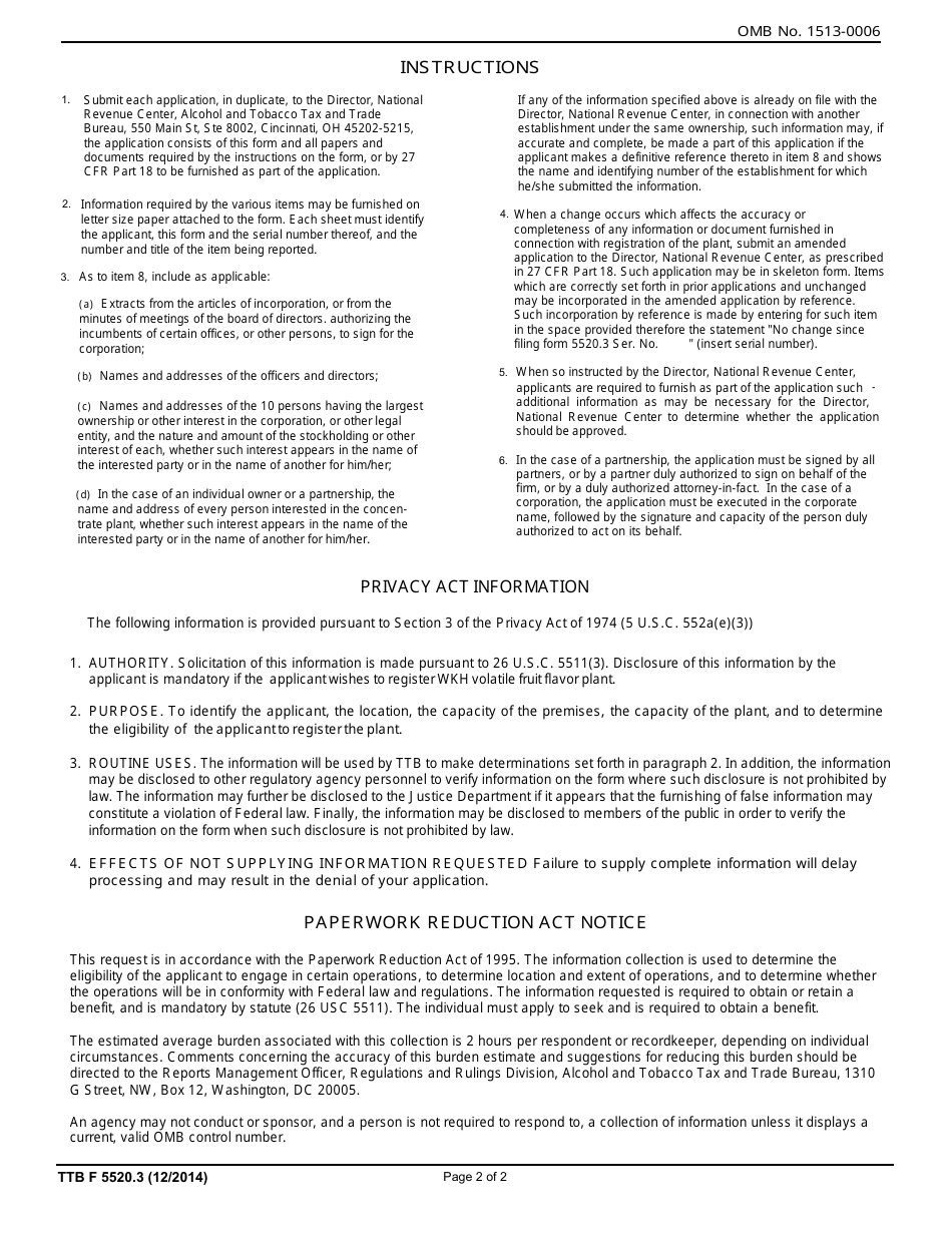 TTB Form 5520.3 Registration of Volatile Fruit - Flavor Concentrate Plant, Page 2
