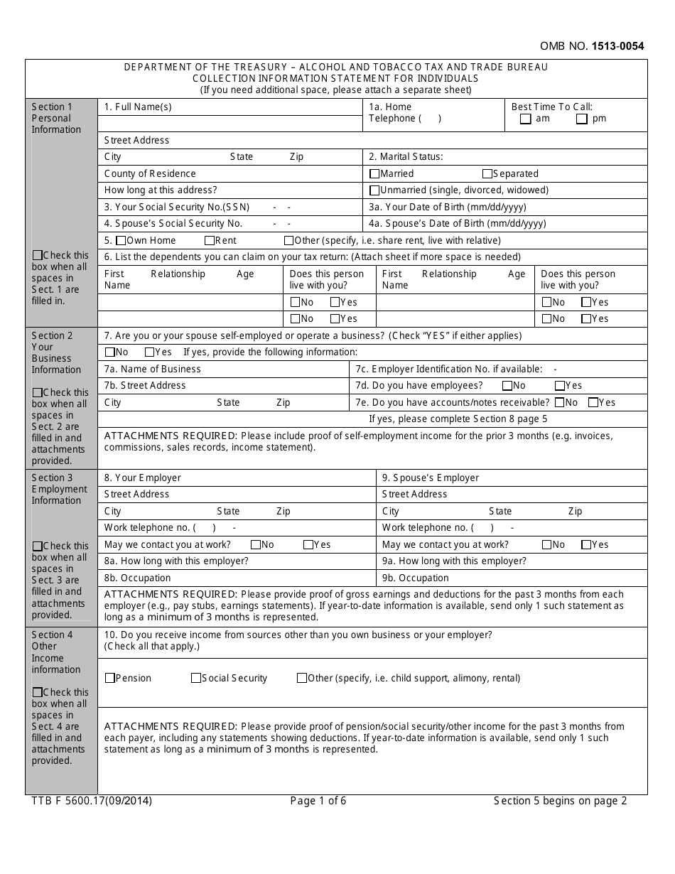 TTB Form 5600.17 Collection Information Statement for Individuals, Page 1