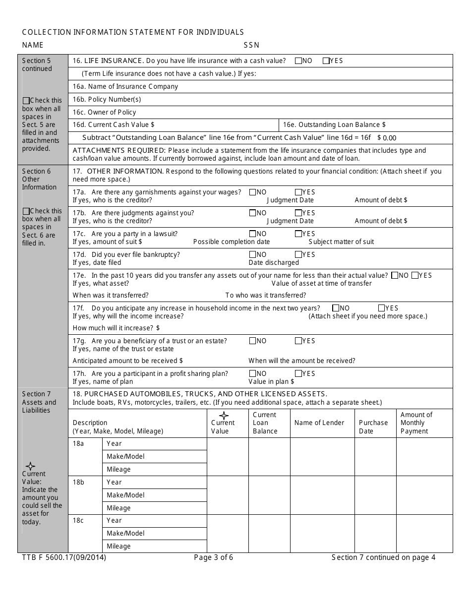 TTB Form 5600.17 Collection Information Statement for Individuals, Page 3