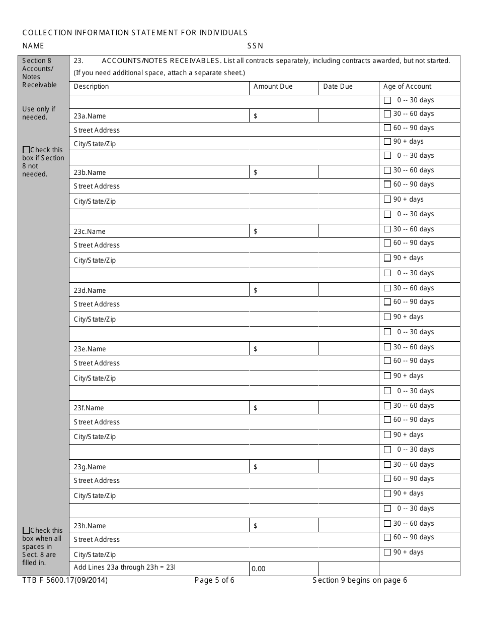 TTB Form 5600.17 Collection Information Statement for Individuals, Page 5
