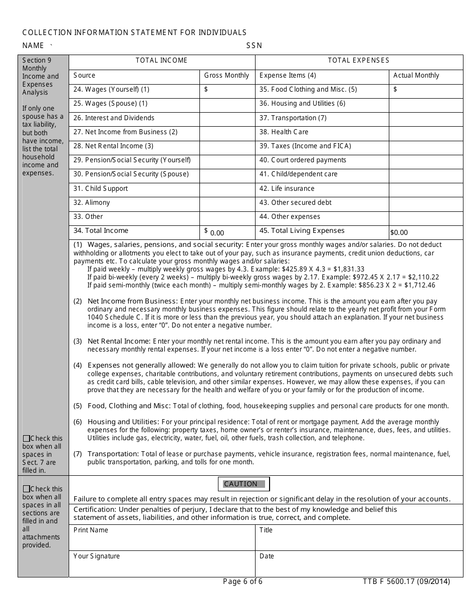 TTB Form 5600.17 Collection Information Statement for Individuals, Page 6
