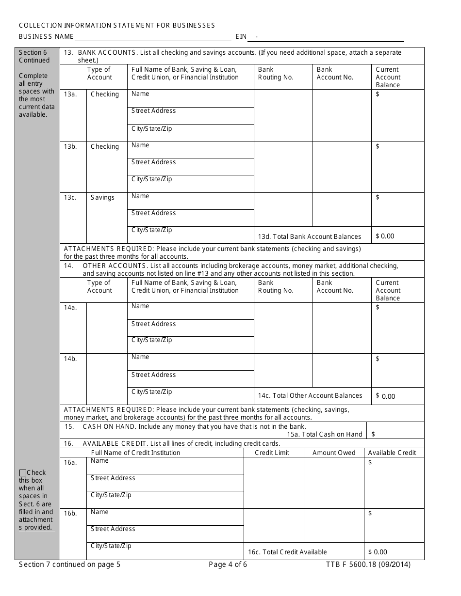 TTB Form 5600.18 Collection Information Statement for Businesses, Page 4