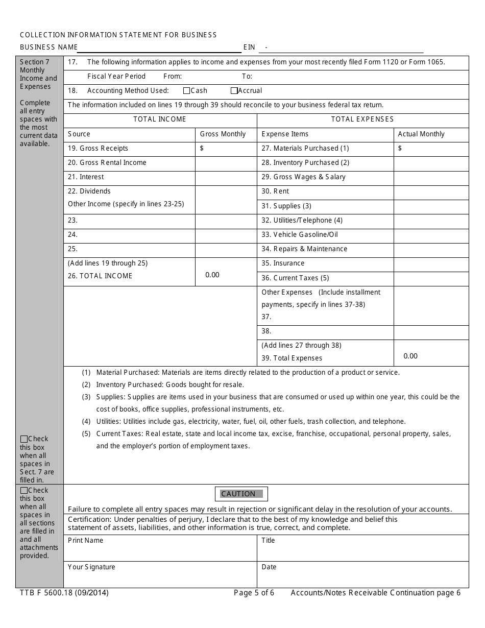 TTB Form 5600.18 Collection Information Statement for Businesses, Page 5