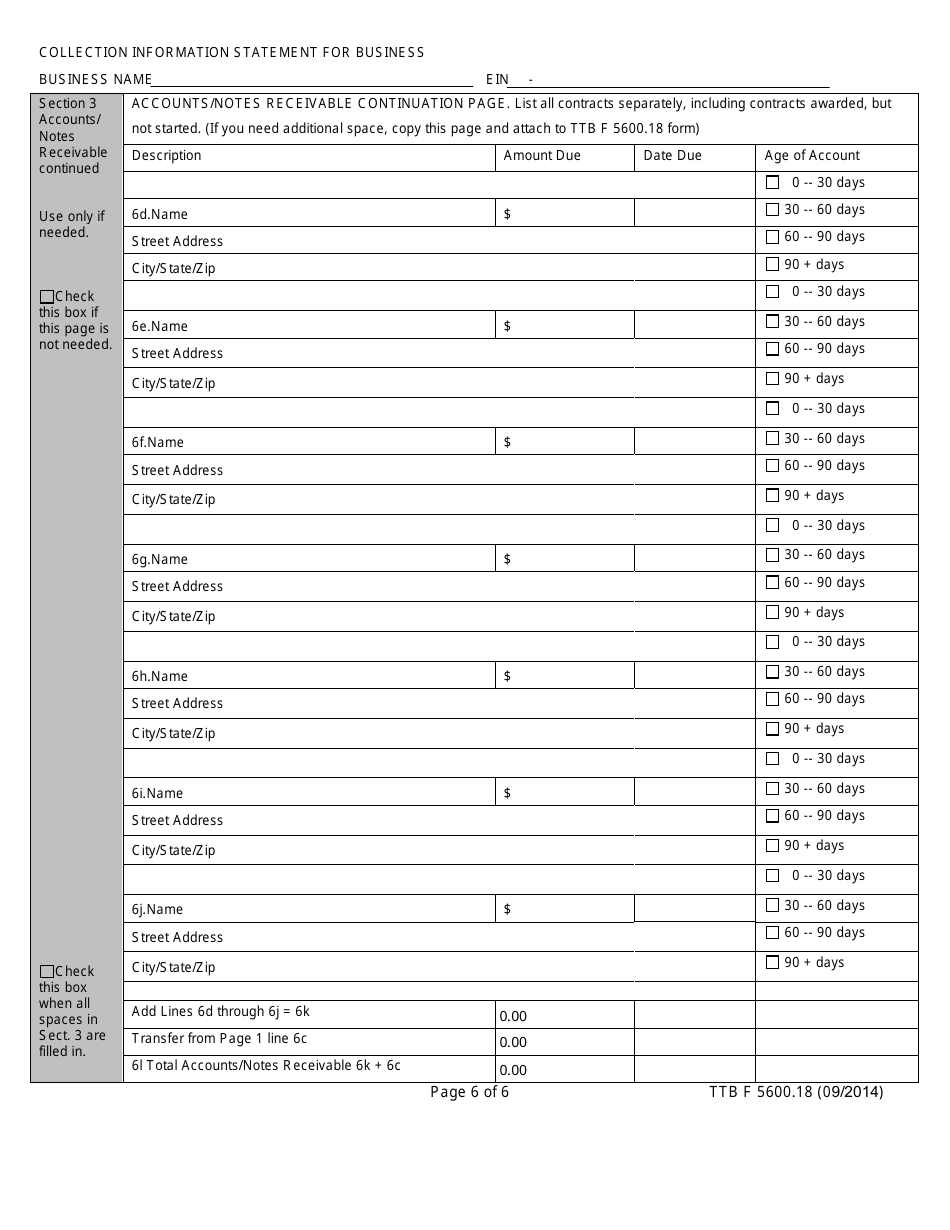 TTB Form 5600.18 Collection Information Statement for Businesses, Page 6