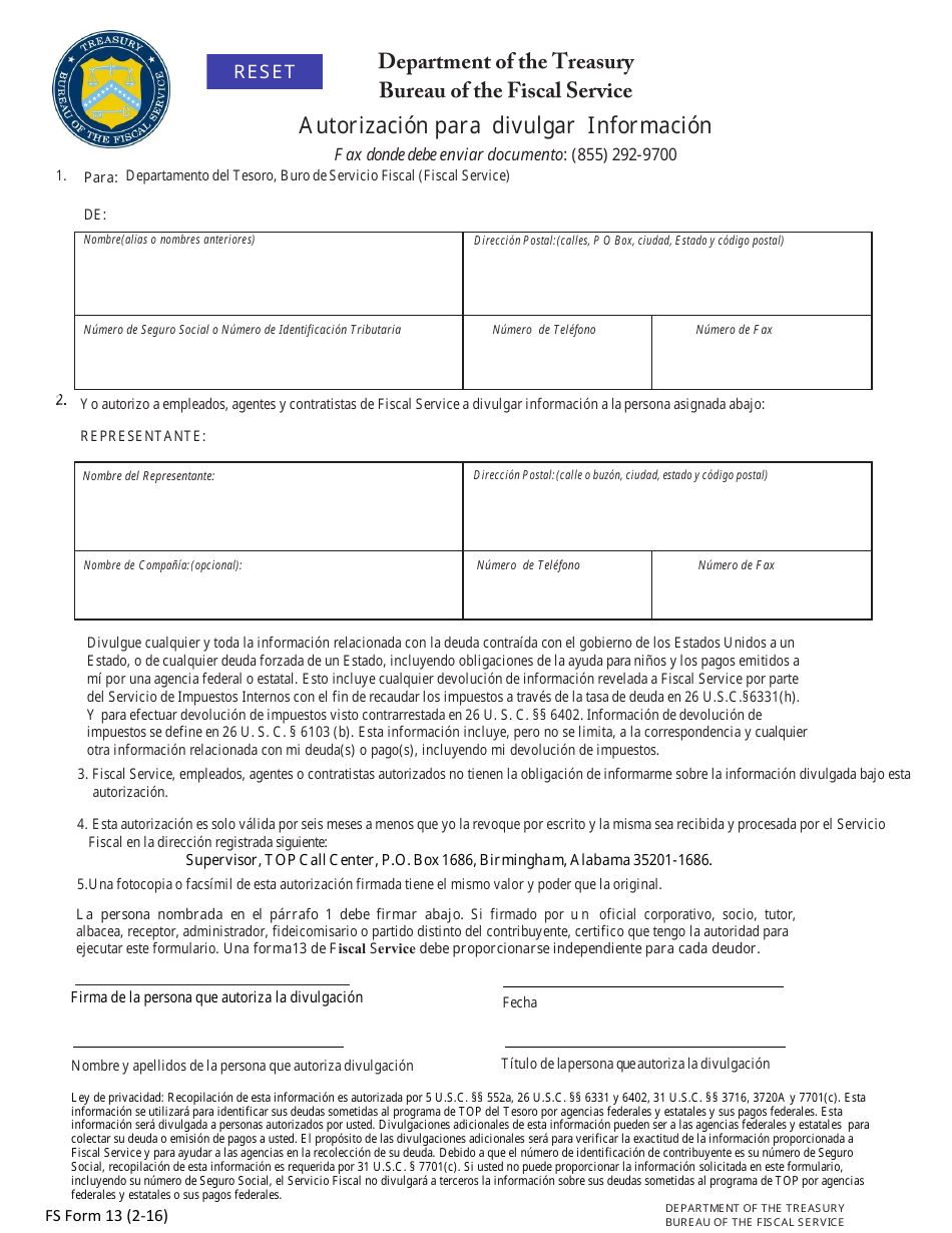 FS Formulario 13 Autorizacion Para Divulgar Informacion (Spanish), Page 1