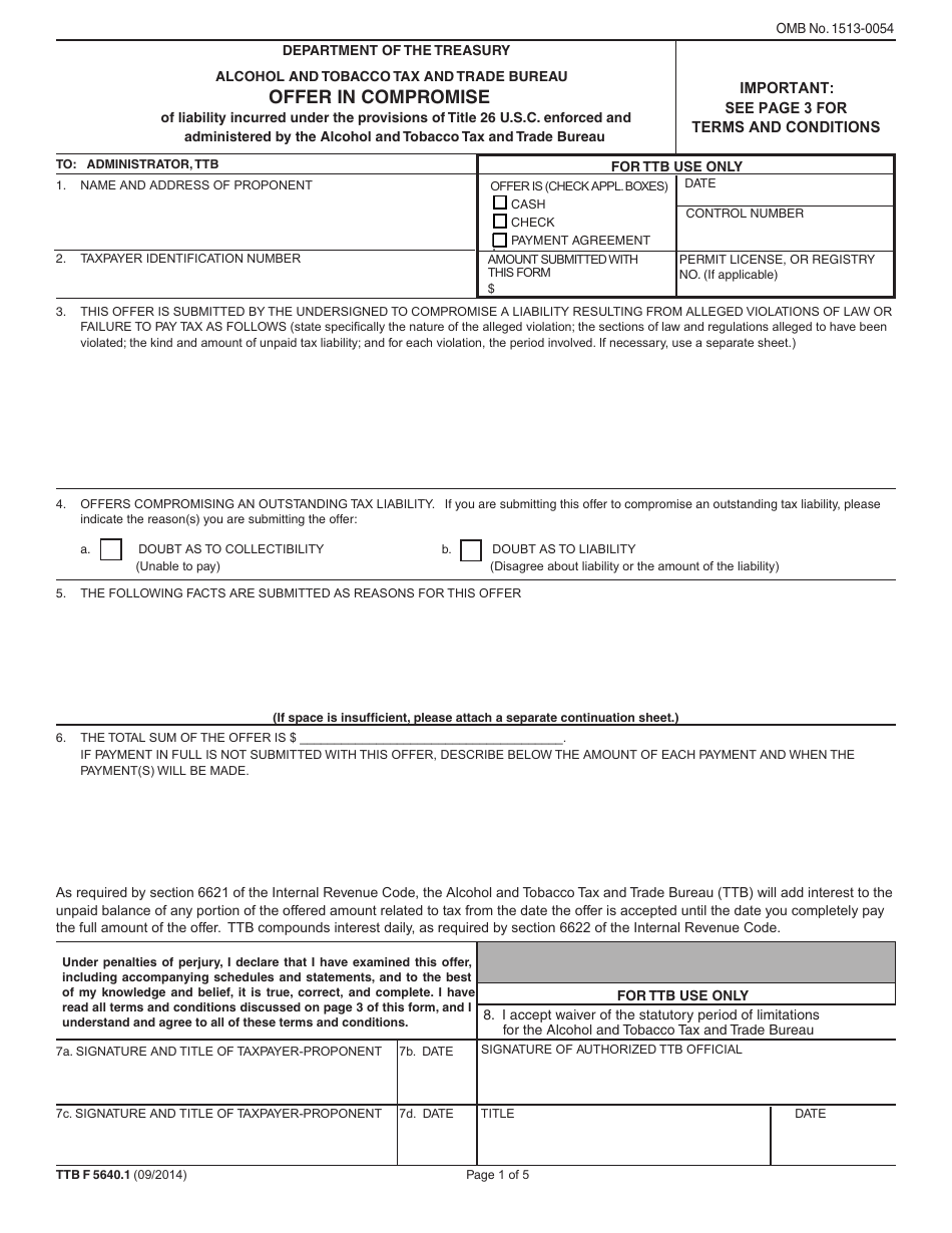 TTB Form 5640.1 Offer in Compromise for Internal Revenue Code (IRC) Violations, Page 1