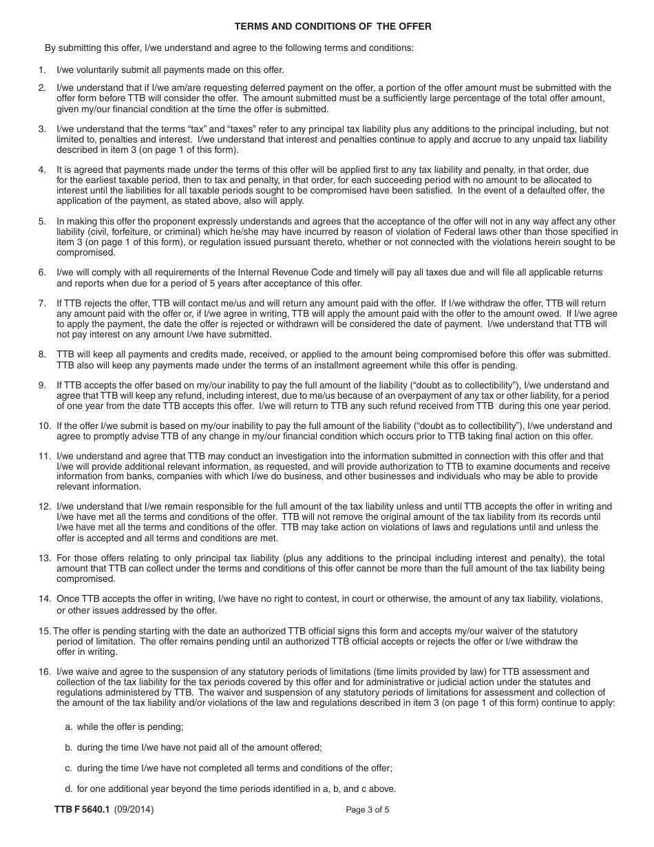 TTB Form 5640.1 Offer in Compromise for Internal Revenue Code (IRC) Violations, Page 3