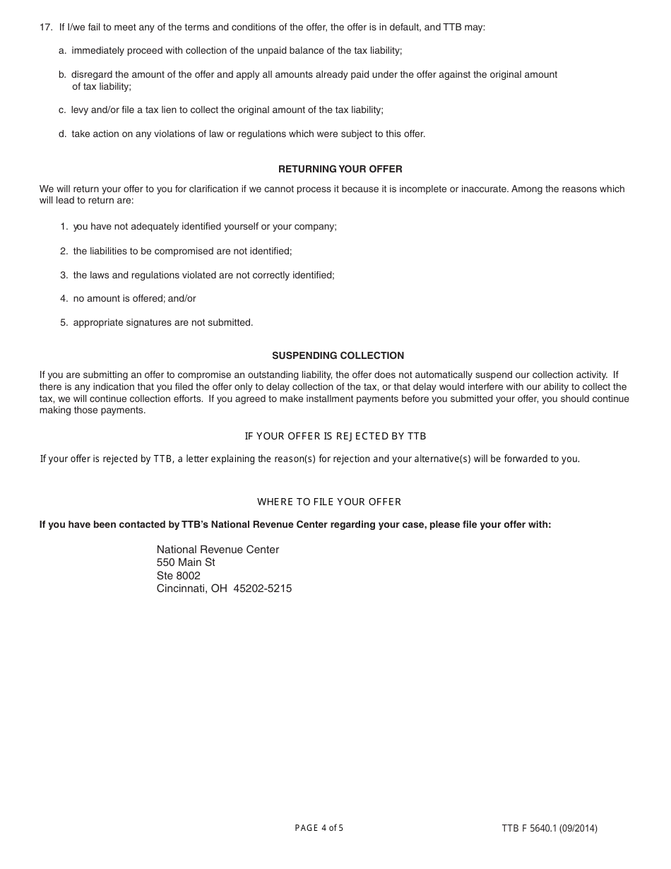 TTB Form 5640.1 Offer in Compromise for Internal Revenue Code (IRC) Violations, Page 4
