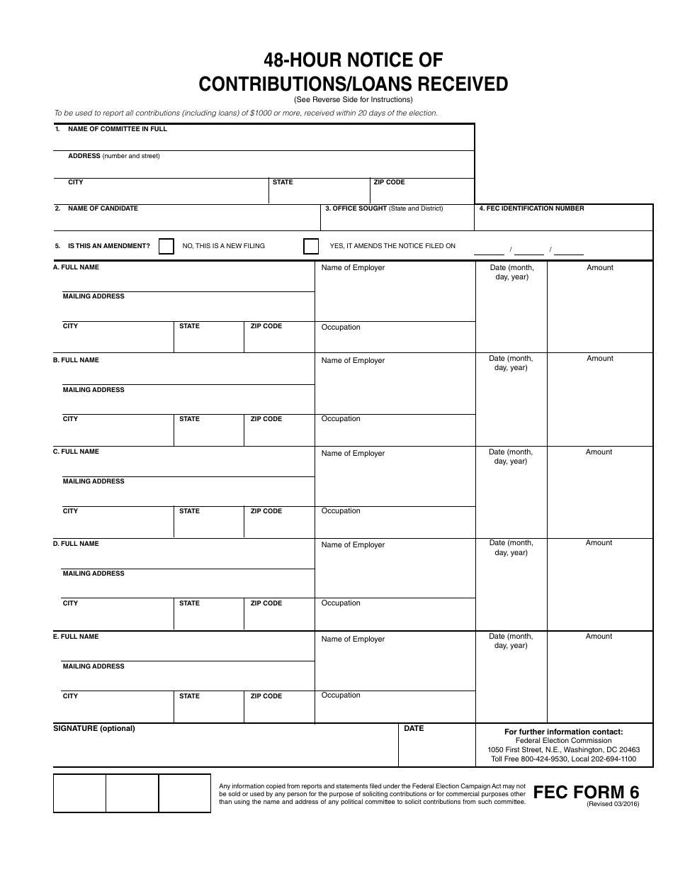 FEC Form 6 48-hour Notice of Contributions / Loans Received, Page 1