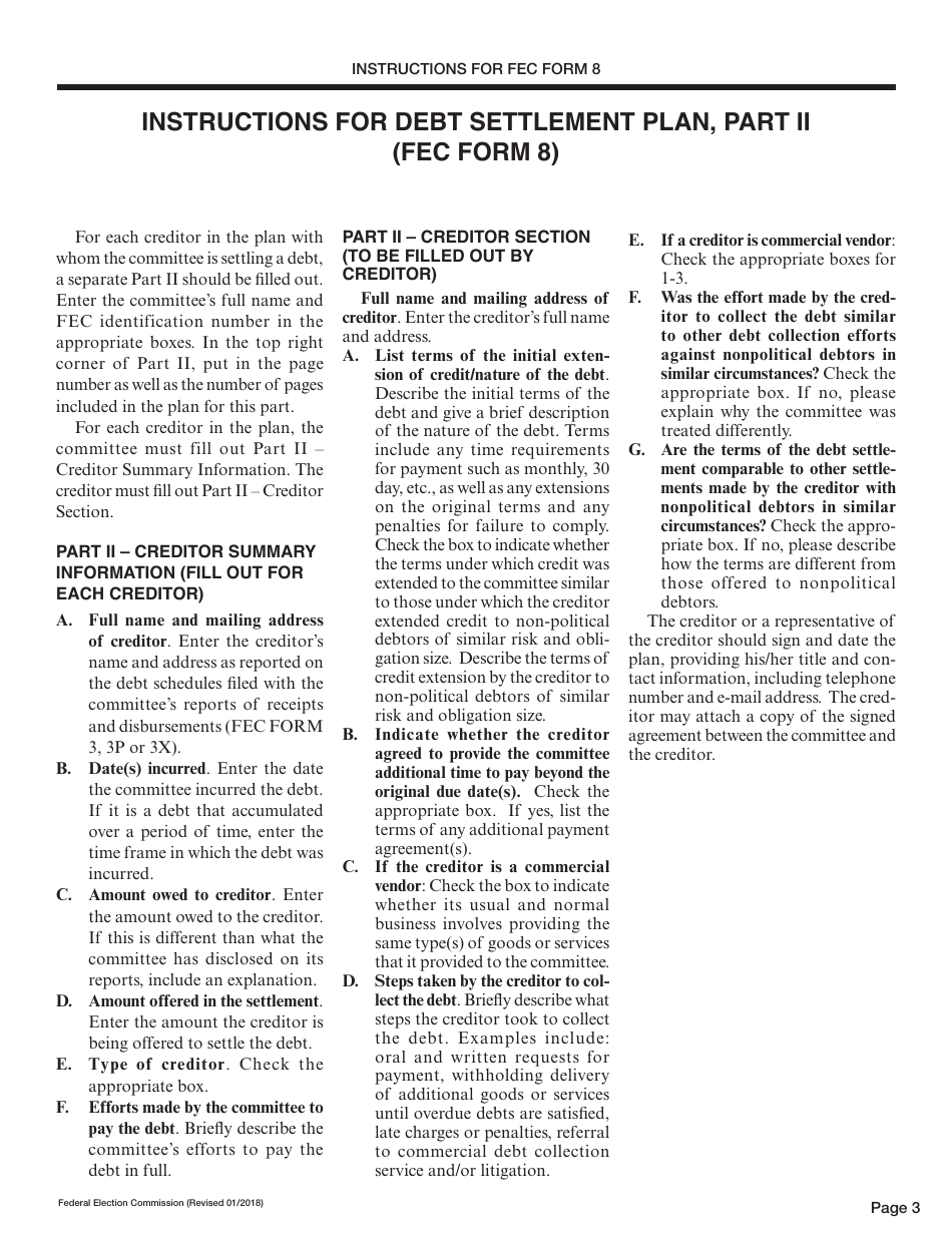 Instructions for FEC Form 8 Debt Settlement Plan, Page 3