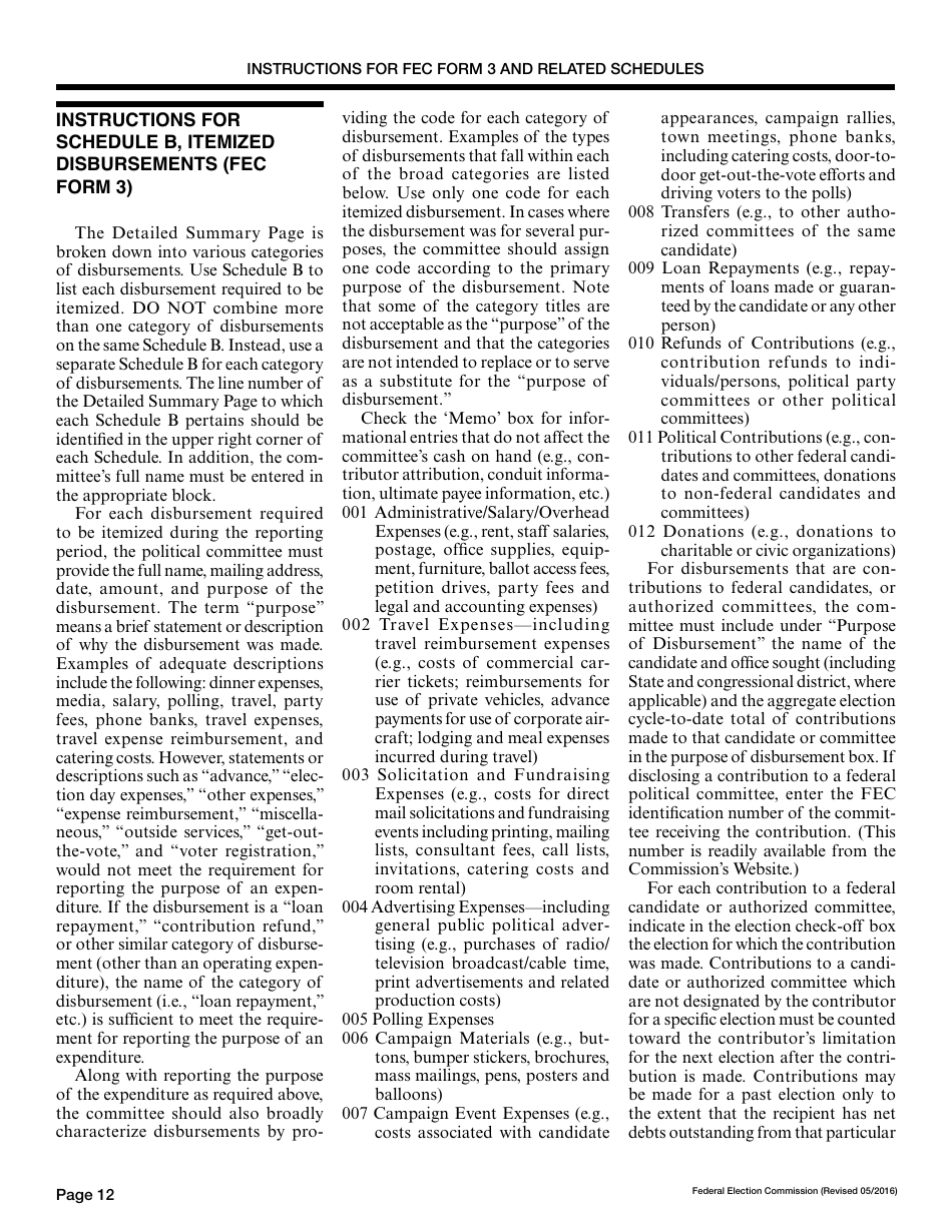 Instructions for FEC Form 3 Report of Receipts and Disbursements for an Authorized Committee, Page 12