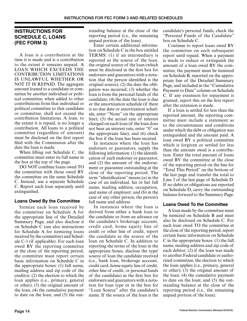 Instructions for FEC Form 3 Report of Receipts and Disbursements for an Authorized Committee, Page 14