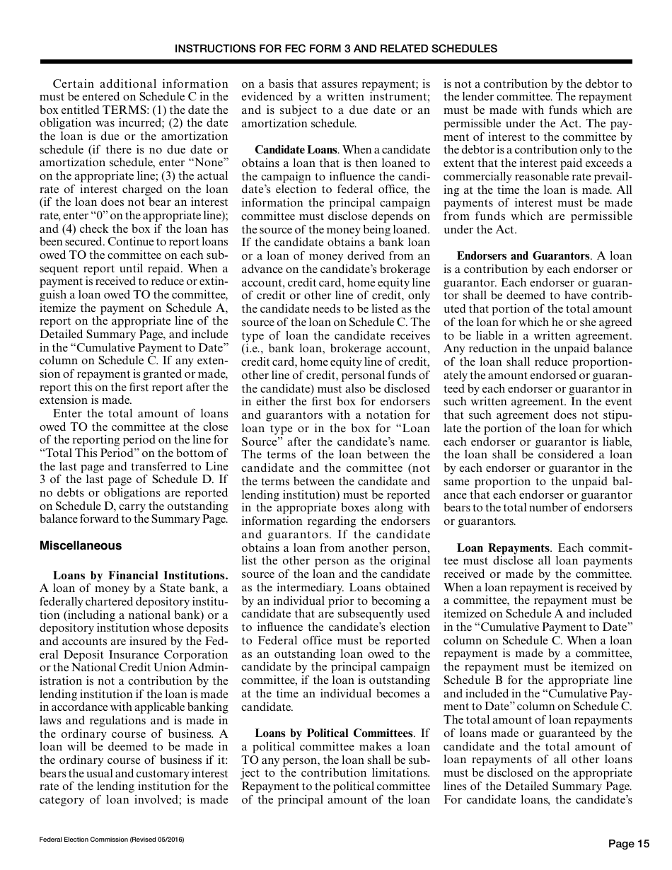Instructions for FEC Form 3 Report of Receipts and Disbursements for an Authorized Committee, Page 15