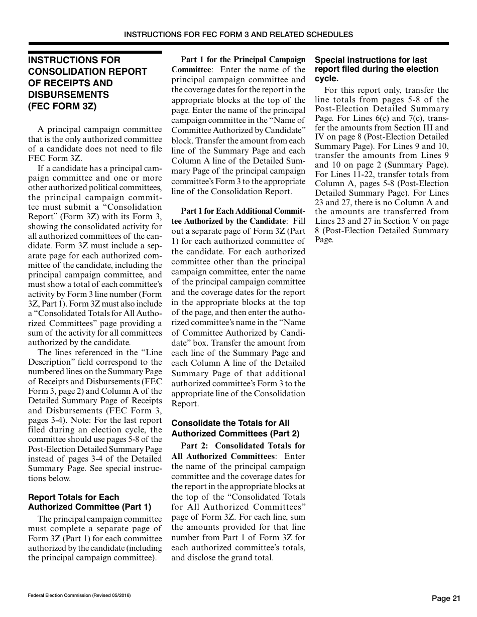 Instructions for FEC Form 3 Report of Receipts and Disbursements for an Authorized Committee, Page 21