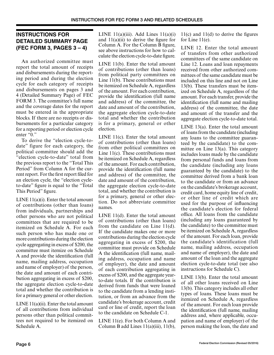 Instructions for FEC Form 3 Report of Receipts and Disbursements for an Authorized Committee, Page 6