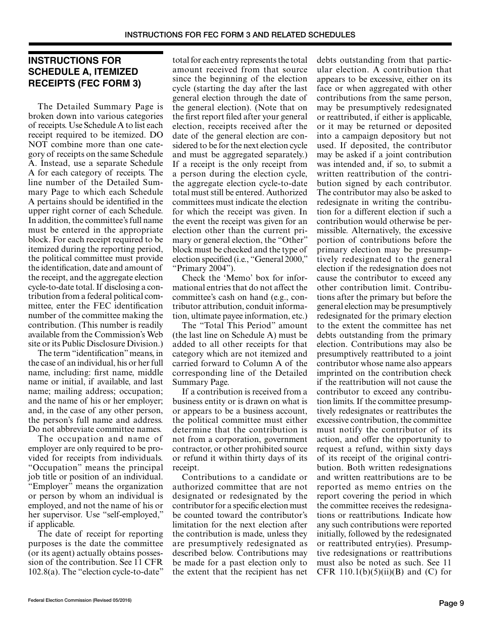 Instructions for FEC Form 3 Report of Receipts and Disbursements for an Authorized Committee, Page 9