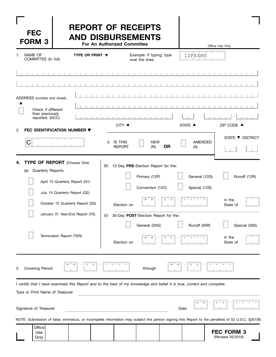 FEC Form 3 Report of Receipts and Disbursements for an Authorized Committee, Page 1