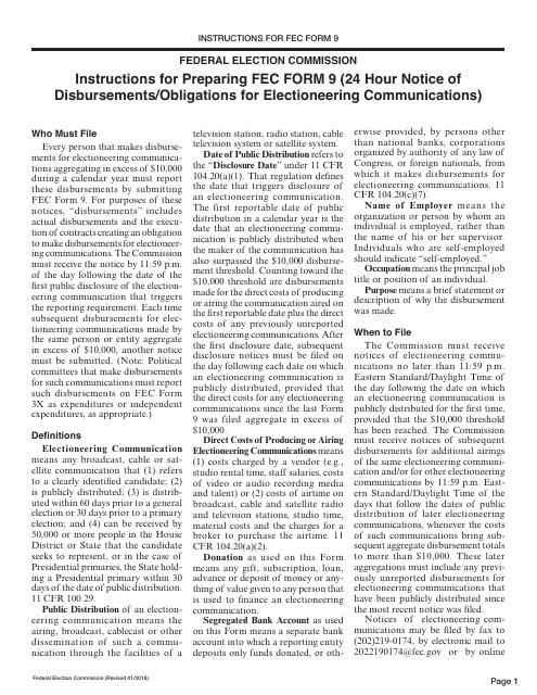 Instructions for FEC Form 9 24 Hour Notice of Disbursements/Obligations for Electioneering Communications