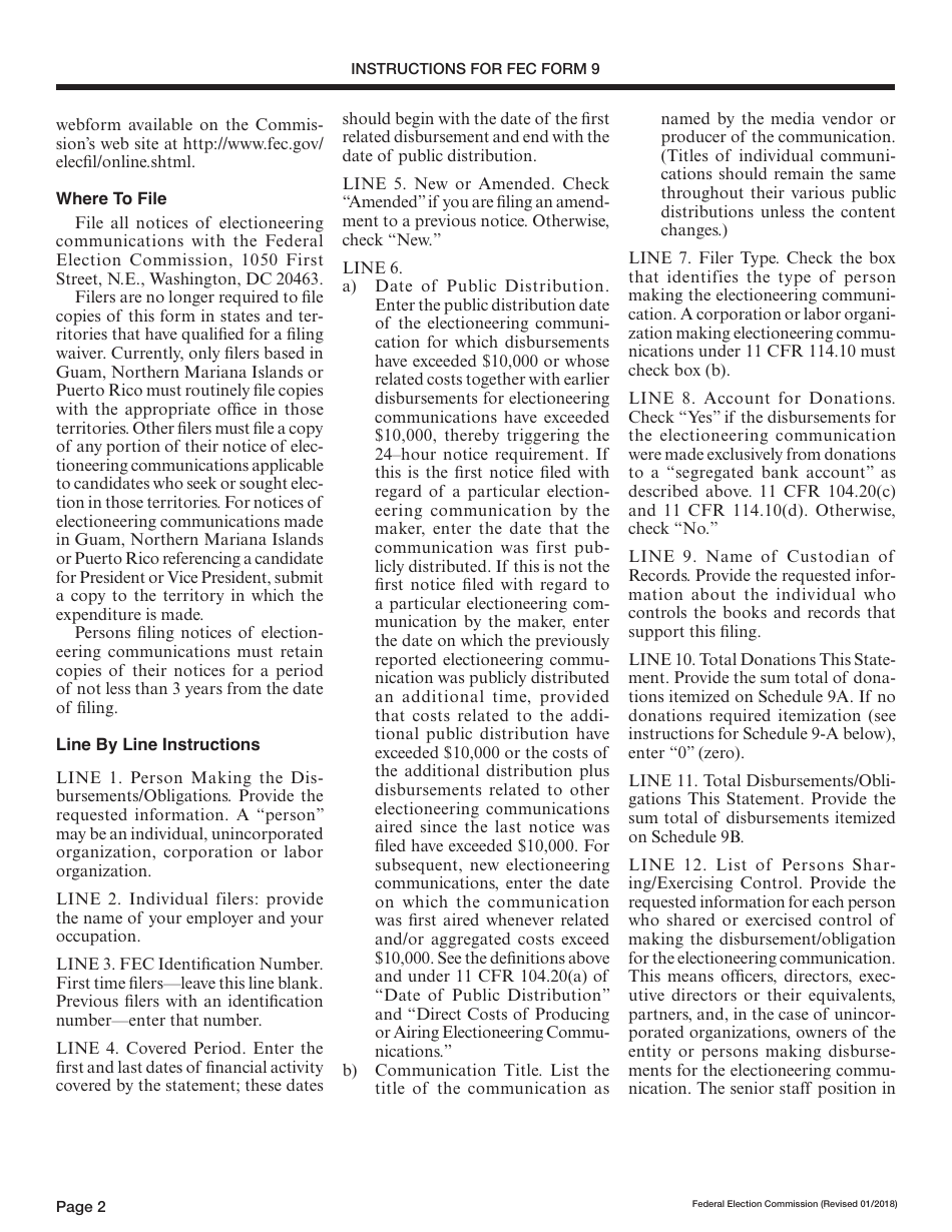 Instructions for FEC Form 9 24 Hour Notice of Disbursements / Obligations for Electioneering Communications, Page 2