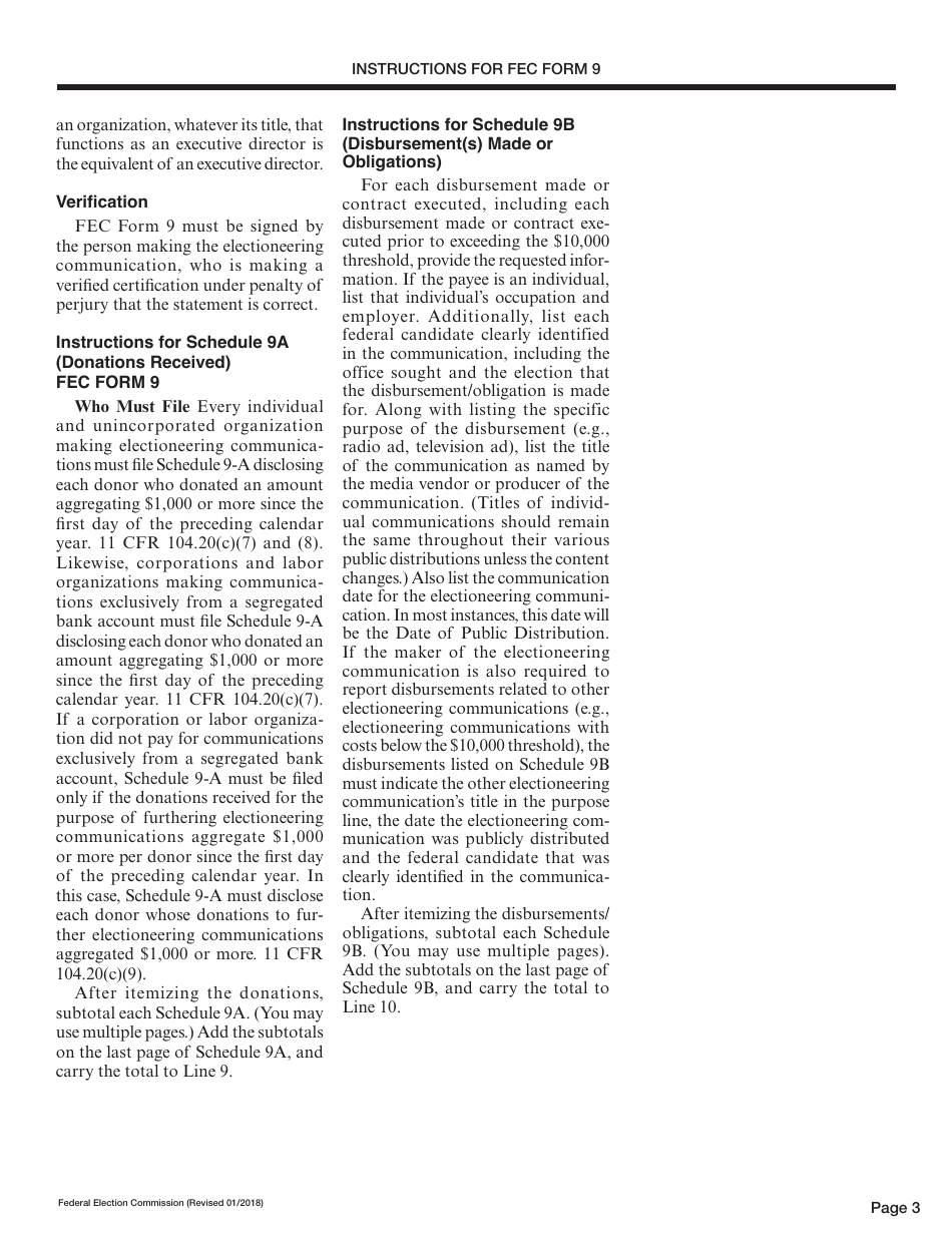 Instructions for FEC Form 9 24 Hour Notice of Disbursements / Obligations for Electioneering Communications, Page 3