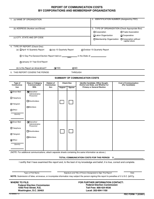 FEC Form 7 Report of Communication Costs by Corporations and Membership Organizations
