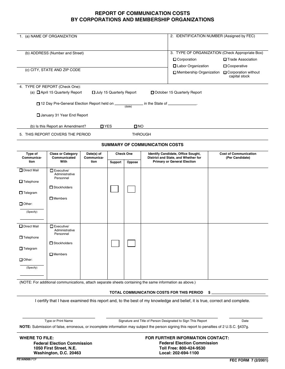 FEC Form 7 Report of Communication Costs by Corporations and Membership Organizations, Page 1