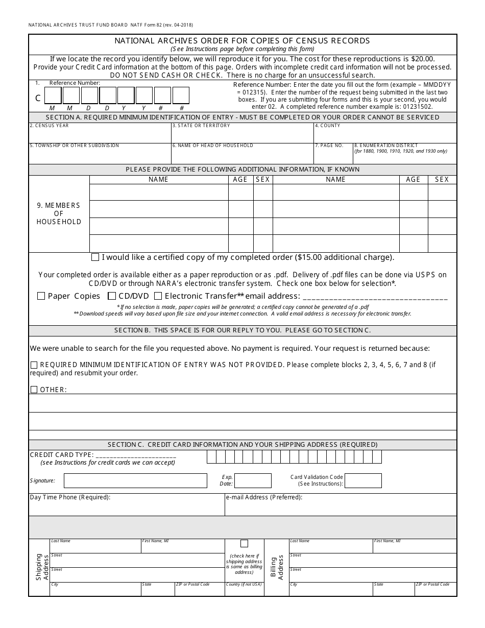 NA Form 82 National Archives Order for Copies of Census Records, Page 2