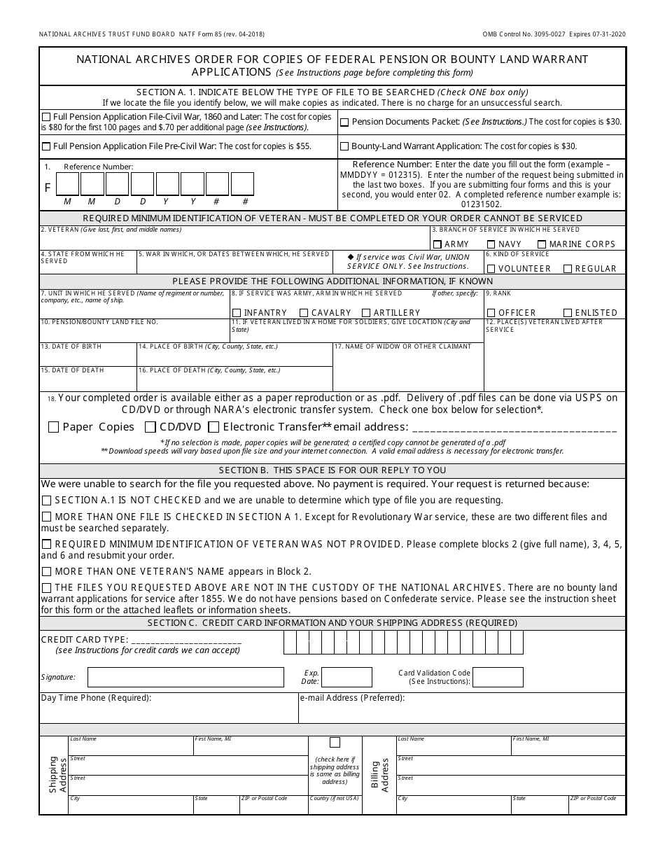 NA Form 85 National Archives Order for Copies of Federal Pension or Bounty Land Warrant Applications, Page 3