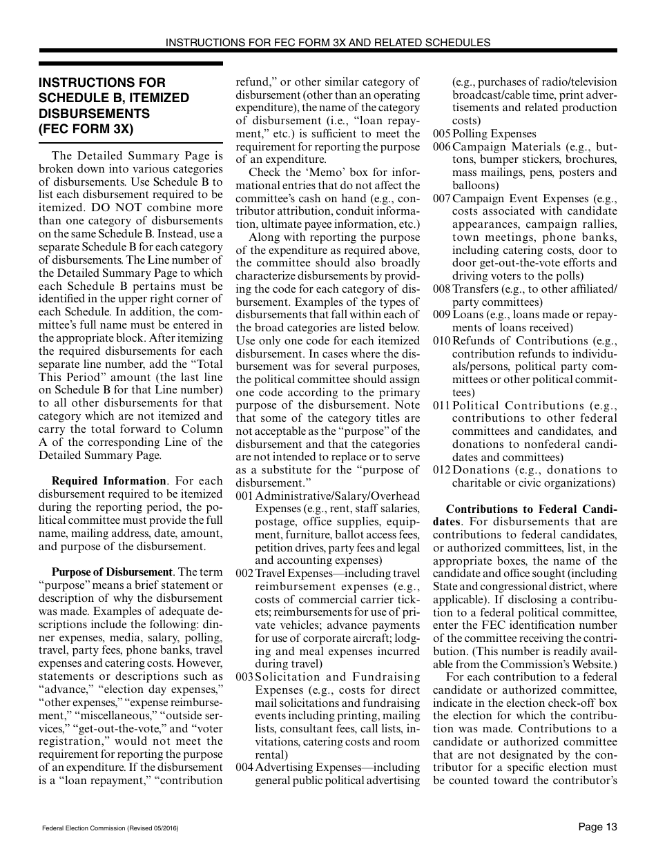 Instructions for FEC Form 3X Report of Receipts and Disbursements for Other Than an Authorized Committee, Page 13